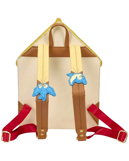 More Than Diecast Disney Snow White cottage mini backpack with yellow roof, cream body, brown straps, and bluebird accents.