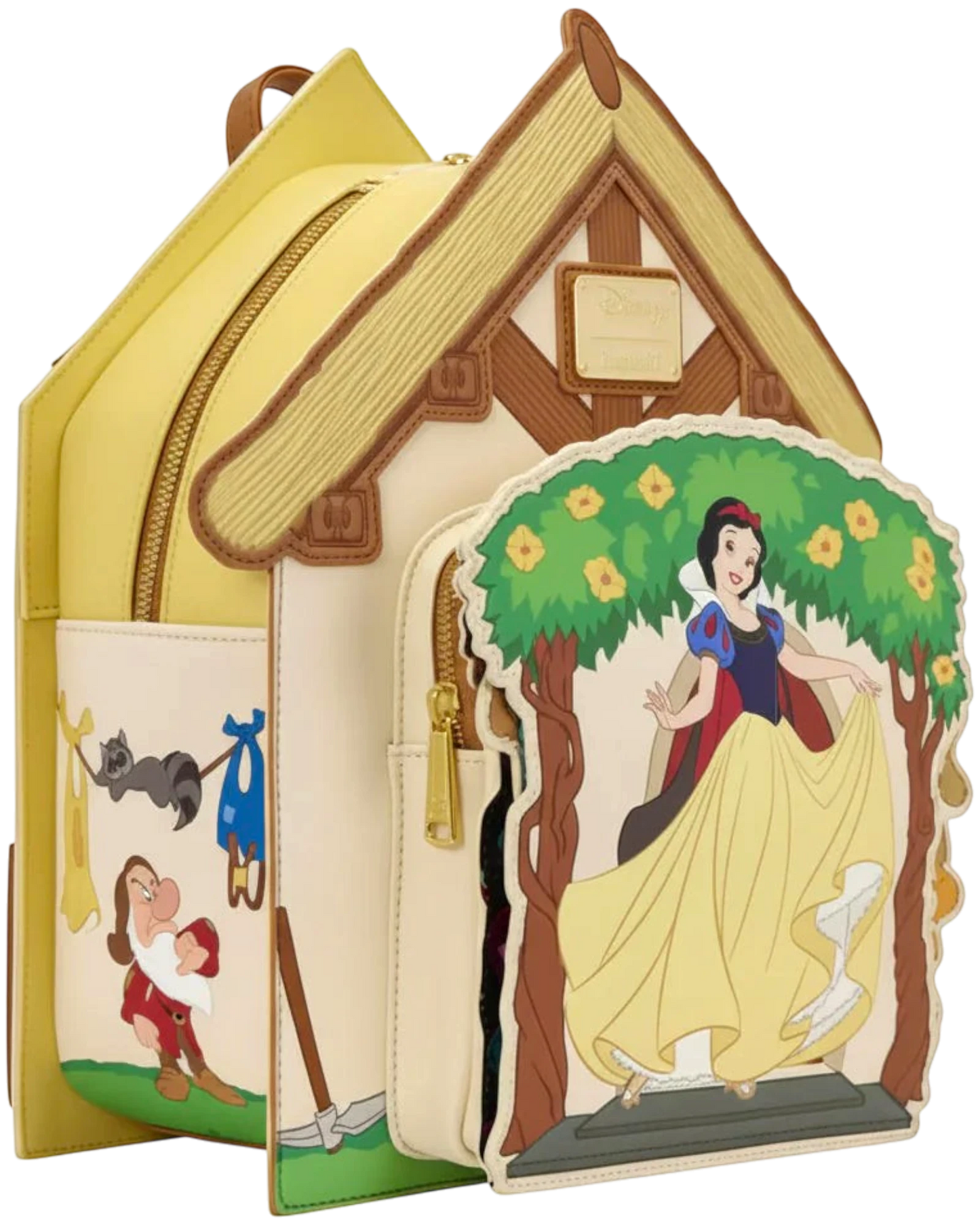 More Than Diecast Loungefly Disney Snow White cottage mini backpack with moving dwarfs and Snow White graphic. Faux leather.
