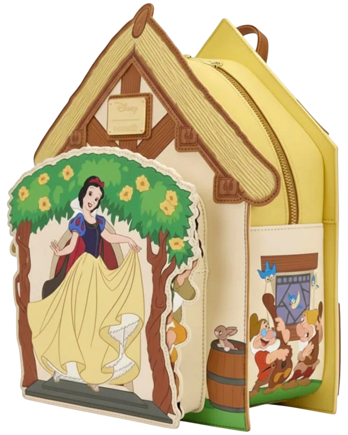 More Than Diecast Loungefly Disney Snow White cottage mini backpack with moving dwarfs and Snow White on front.