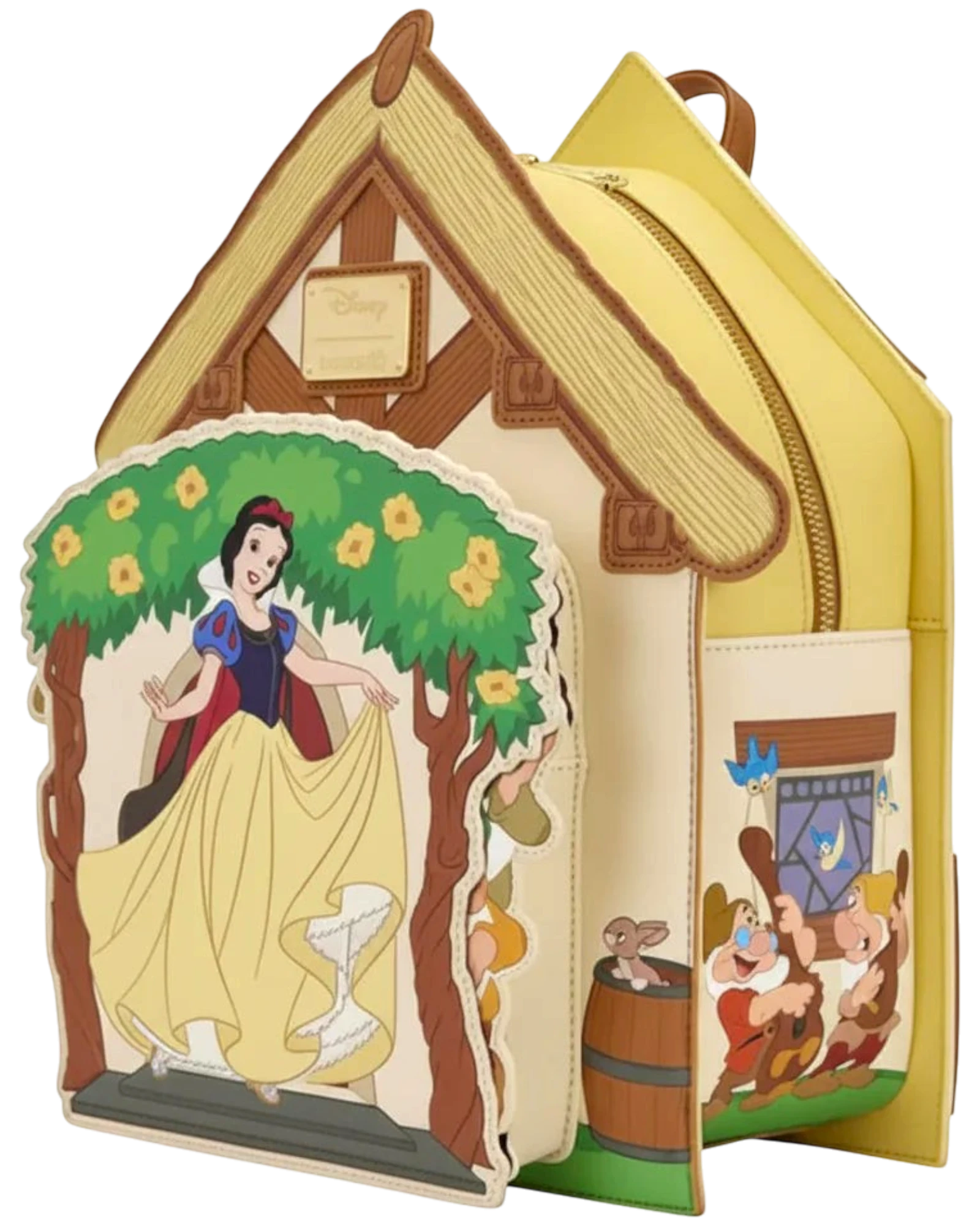 More Than Diecast Loungefly Disney Snow White cottage mini backpack with moving dwarfs and Snow White on front.