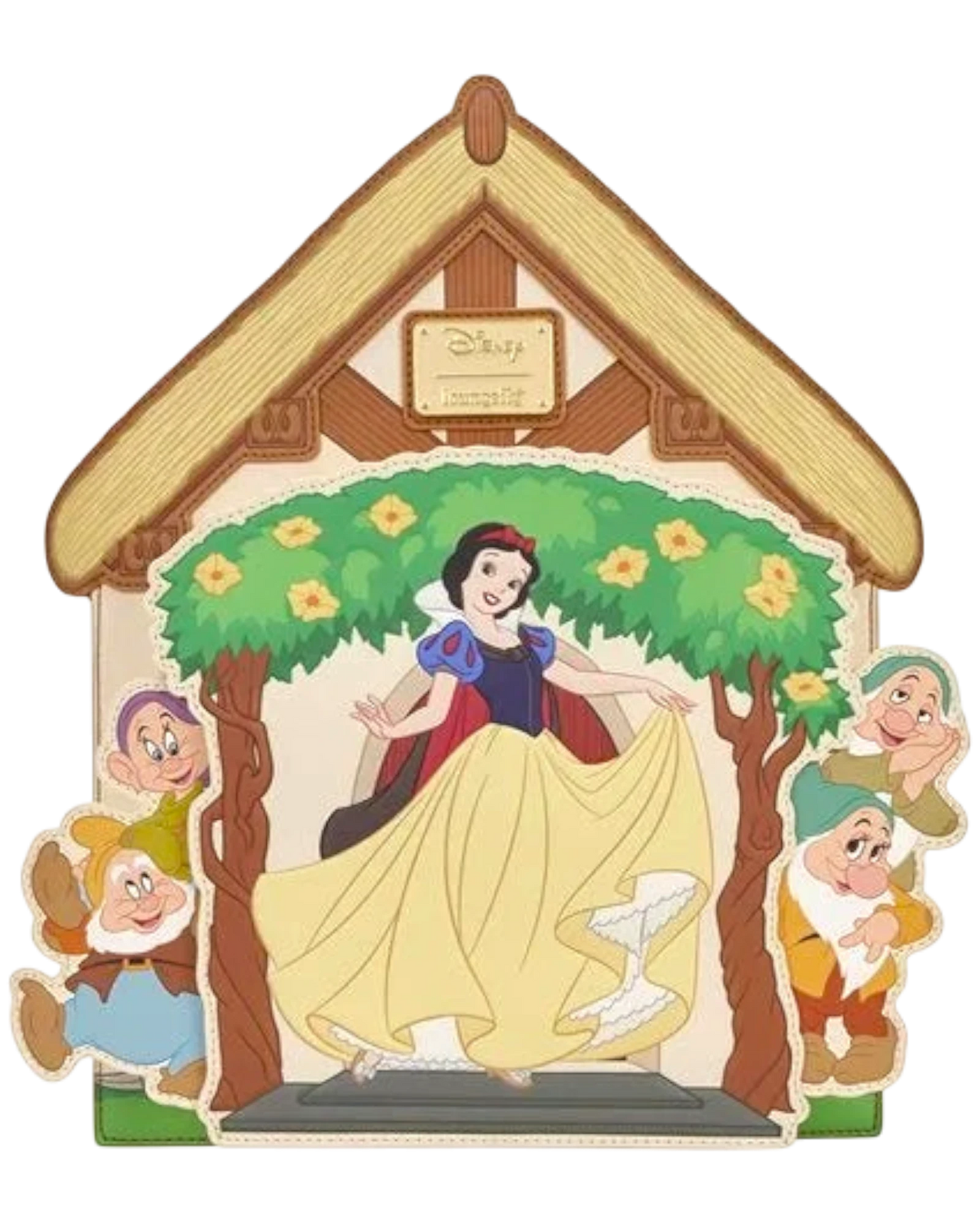 More Than Diecast Disney Snow White cottage mini backpack with moving dwarfs and bluebird friends. Faux leather with layered debossing, printing, and appliqué.