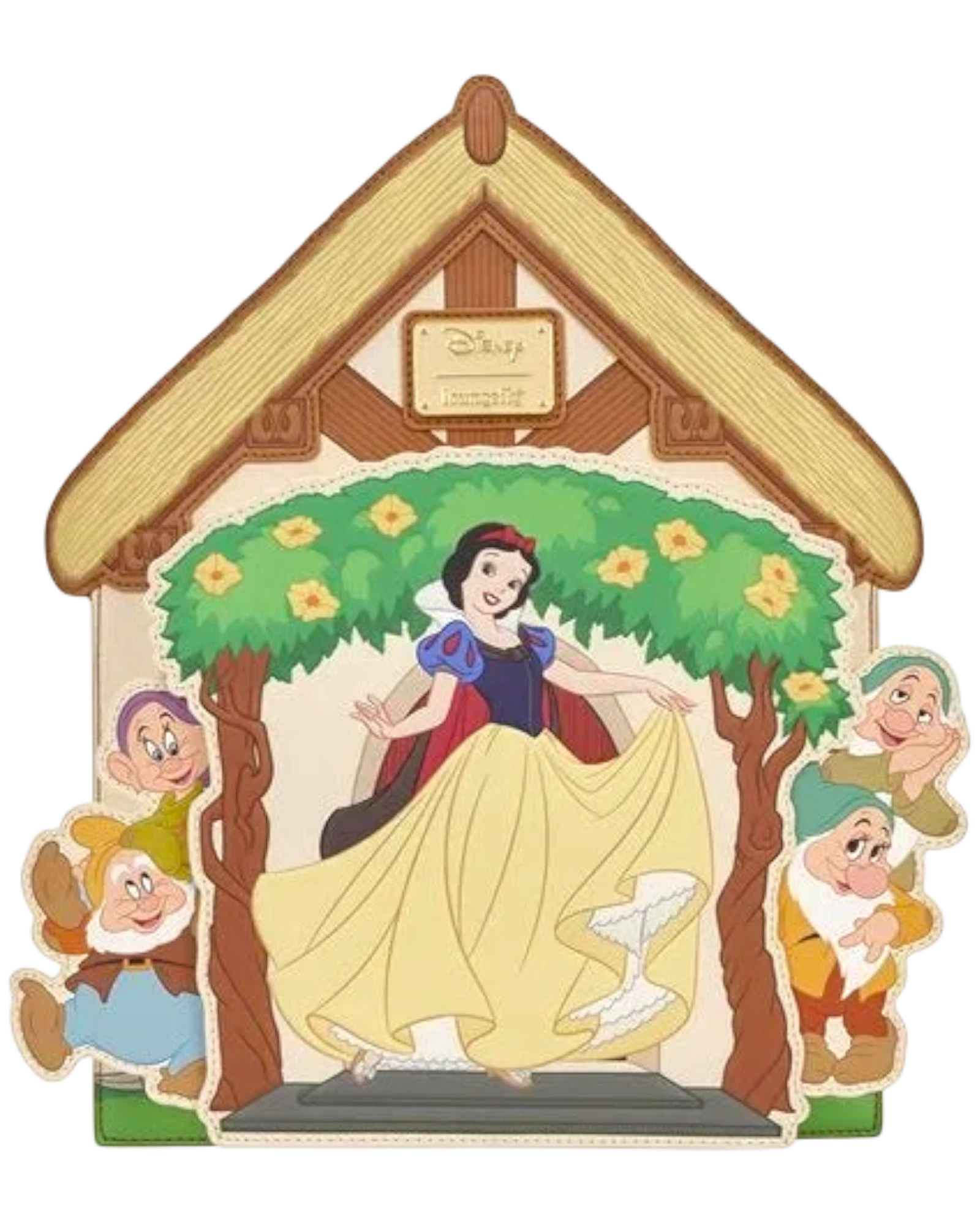 More Than Diecast Disney Snow White cottage mini backpack with moving dwarfs and bluebird friends. Faux leather with layered debossing, printing, and appliqué.