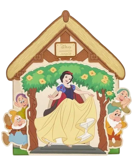More Than Diecast Disney Snow White cottage mini backpack with moving dwarfs and bluebird friends. Faux leather with layered debossing, printing, and appliqué.