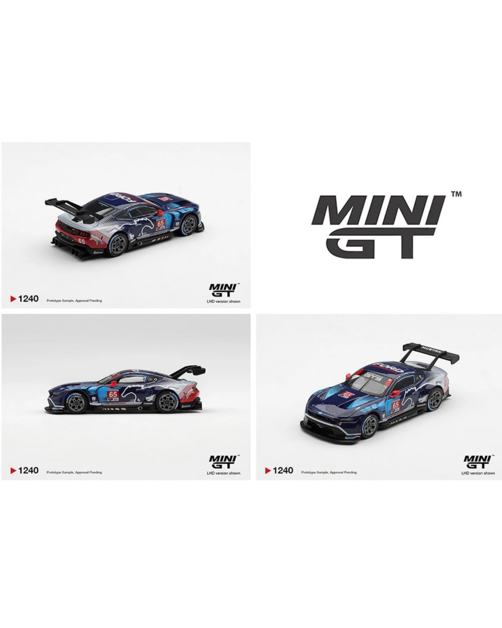 More Than Diecast 1:64 scale blue and silver Ford Mustang GT3 race car #65 with sponsor decals and large rear spoiler.