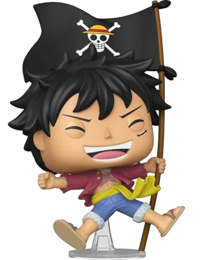More Than Diecast Funko Pop One Piece Monkey D. Luffy with flag vinyl figure, 3.75 inches tall.