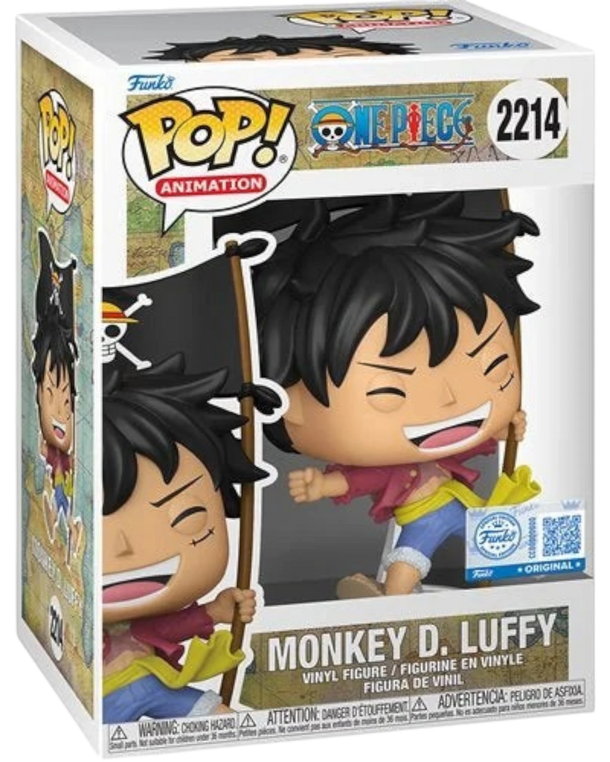 More Than Diecast Funko Pop One Piece Monkey D. Luffy with Flag #2214 vinyl figure, 3.75 inches tall.