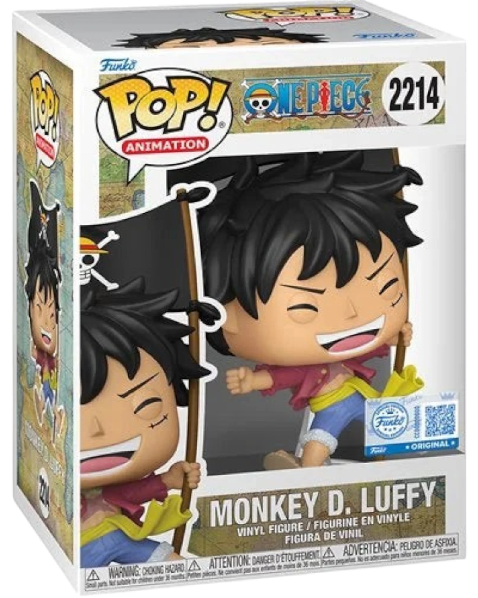 More Than Diecast Funko Pop One Piece Monkey D. Luffy with Flag #2214 vinyl figure, 3.75 inches tall.