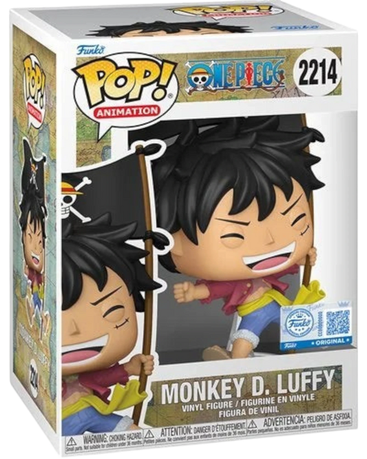 More Than Diecast Funko Pop One Piece Monkey D. Luffy with Flag #2214 vinyl figure, 3.75 inches tall.