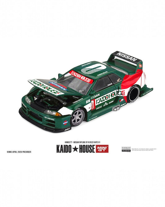 More Than Diecast: Green Kaido House X Mini GT Nissan Skyline GT-R R32 KHTC V1 1:64 scale die-cast model with hood open.