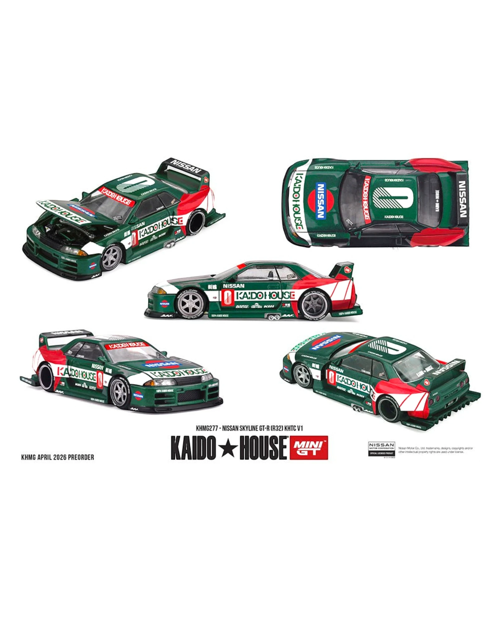 More Than Diecast: Green 1:64 scale Kaido House X Mini GT Nissan Skyline GT-R R32 KHTC V1 die-cast model with racing decals.