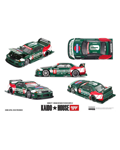More Than Diecast: Green 1:64 scale Kaido House X Mini GT Nissan Skyline GT-R R32 KHTC V1 die-cast model with racing decals.