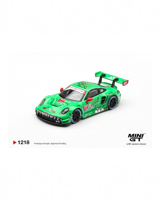 More Than Diecast 1:64 scale green Porsche 911 GT3 R #77 AO Racing die-cast model with dragon livery.
