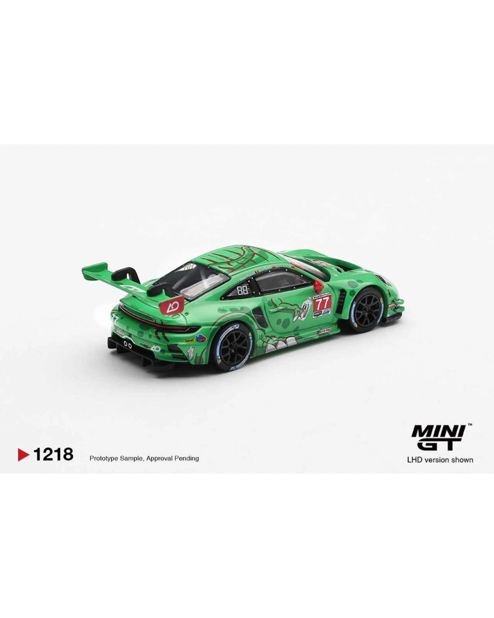 More Than Diecast: Green 1:64 scale AO Racing Porsche 911 GT3 R 992 model car with #77 livery.