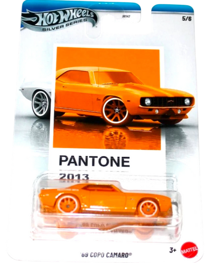 More Than Diecast Hot Wheels 1969 Copo Camaro die-cast car in Pantone Yellow with white-rimmed wheels, part of the 2013 Silver Series.