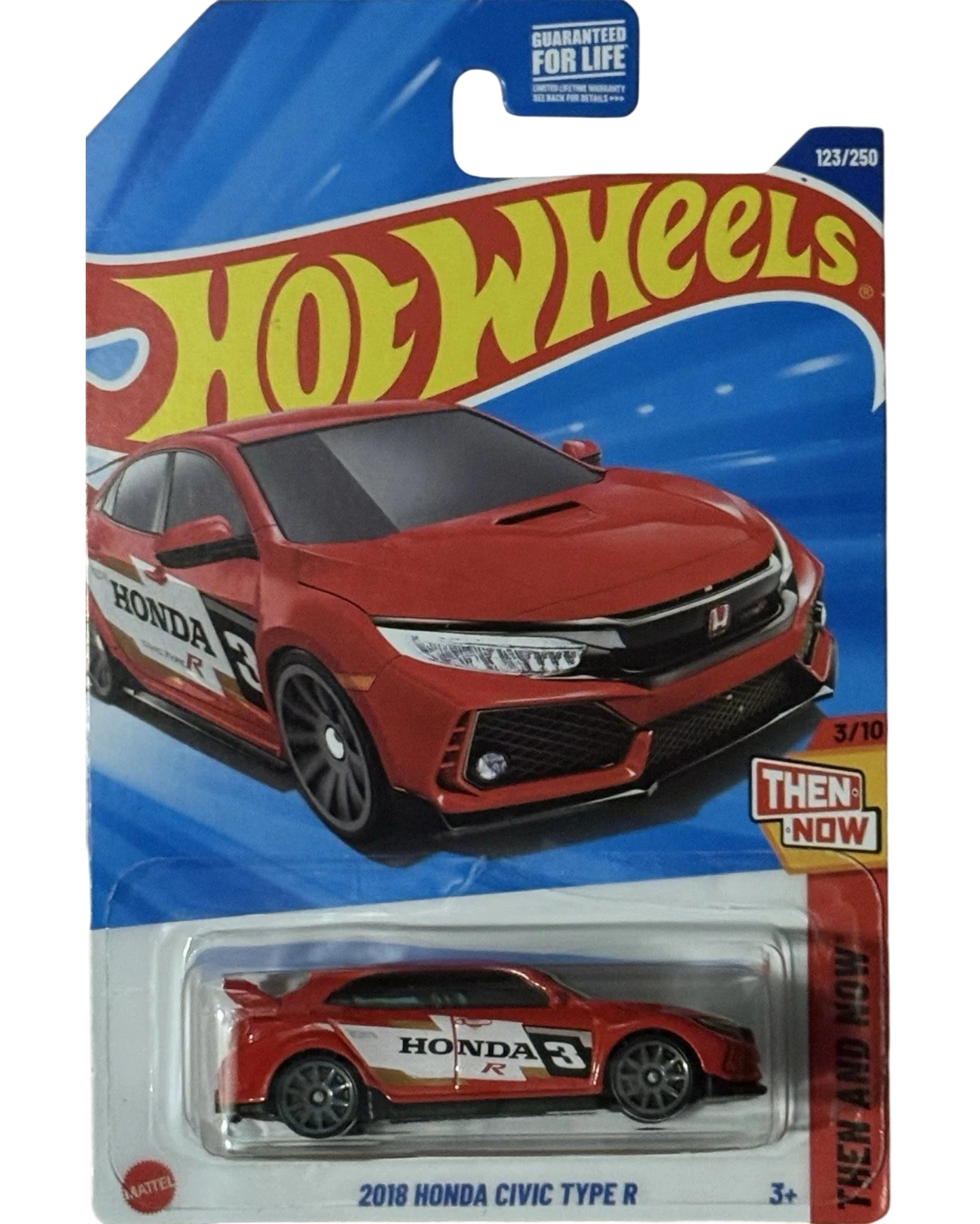 More Than Diecast 2025 Hot Wheels 2018 Honda Civic Type R, red die-cast model car with white and black racing stripes and 'Honda Type R' branding.