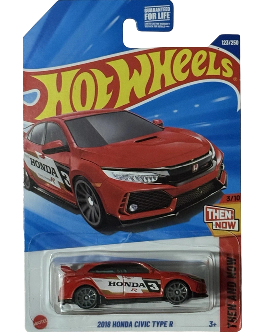 More Than Diecast 2025 Hot Wheels 2018 Honda Civic Type R, red die-cast model car with white and black racing stripes and 'Honda Type R' branding.