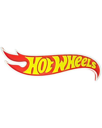 More Than Diecast 3D printed Hot Wheels logo sign in red and yellow plastic, perfect for collector displays.
