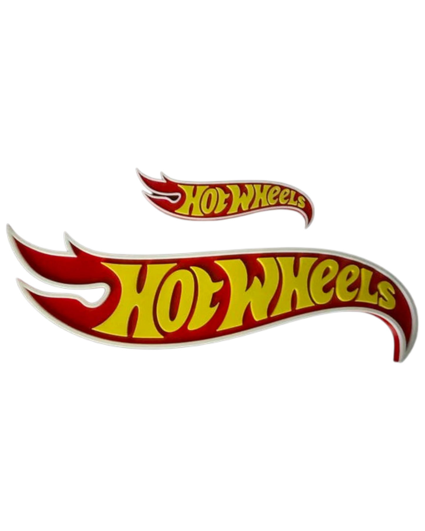 More Than Diecast 3D printed red and yellow Hot Wheels logo signs, one large and one small, for collector display.