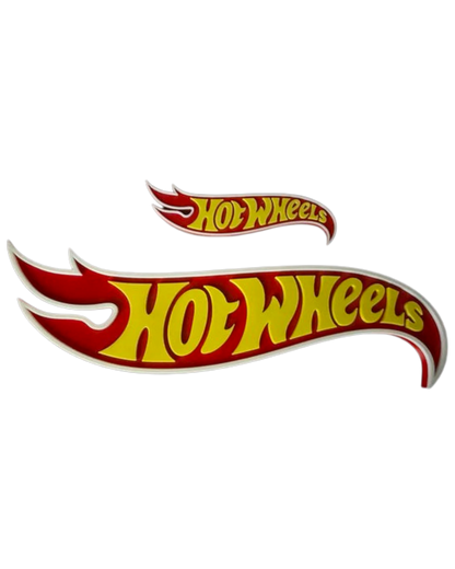 More Than Diecast 3D printed red and yellow Hot Wheels logo signs, one large and one small, for collector display.