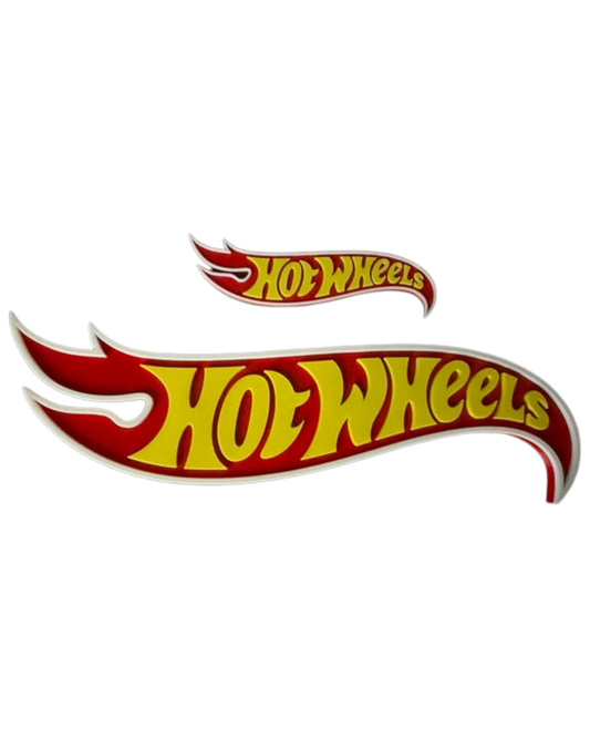 More Than Diecast 3D printed red and yellow Hot Wheels logo signs, one large and one small, for collector display.