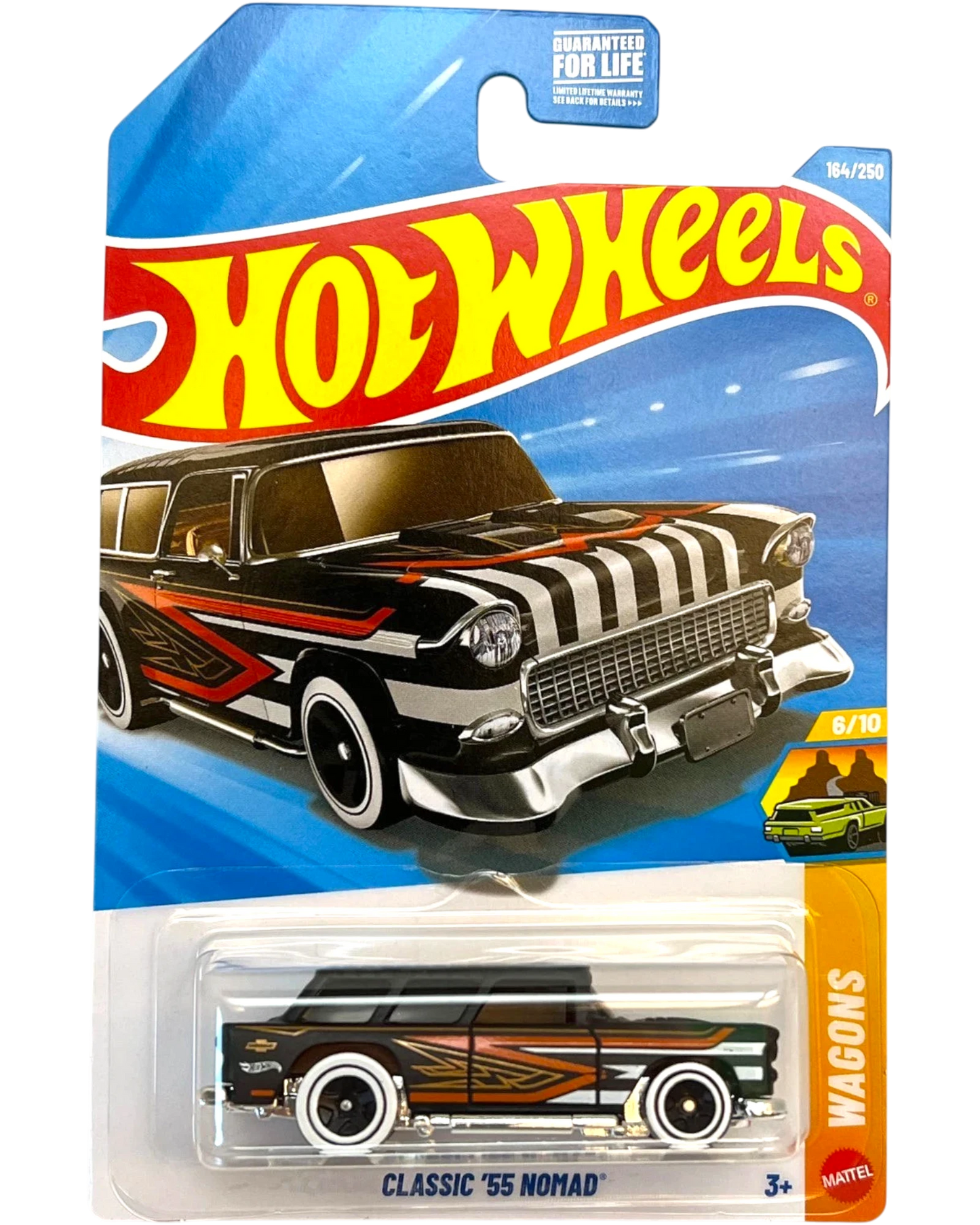 More Than Diecast Hot Wheels 2026 Classic '55 Nomad black die-cast wagon with white-wall tires and flame graphics.