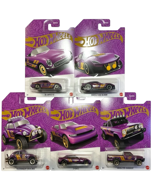 More Than Diecast Hot Wheels 57th Anniversary 5-pack of purple pearl chrome die-cast cars with gold accents.