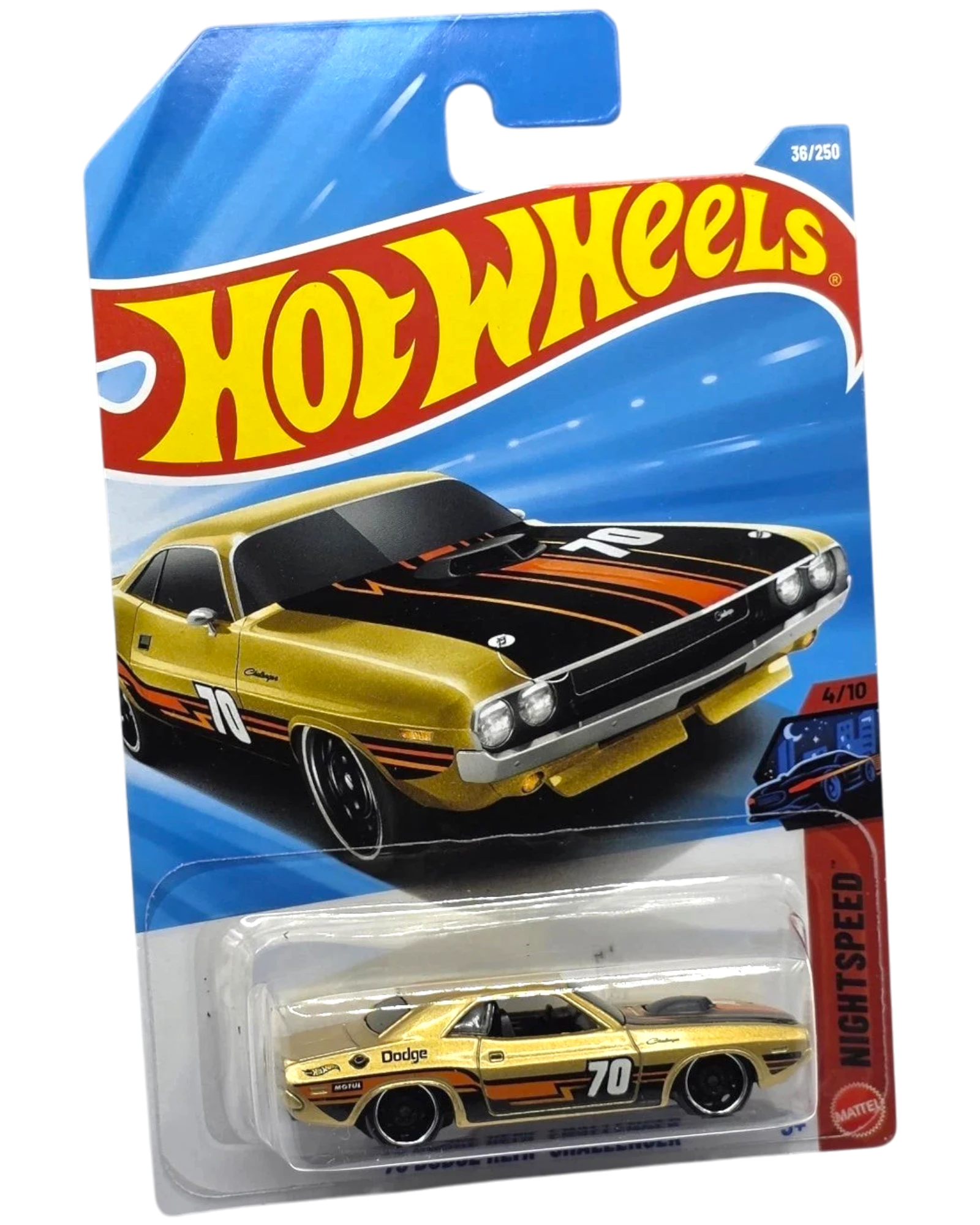 More Than Diecast Hot Wheels 2026 Case B '70 Dodge Hemi Challenger die-cast car, gold with black hood and orange stripes.