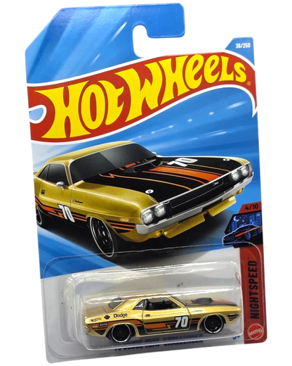 More Than Diecast Hot Wheels 2026 Case B '70 Dodge Hemi Challenger die-cast car, gold with black hood and orange stripes.