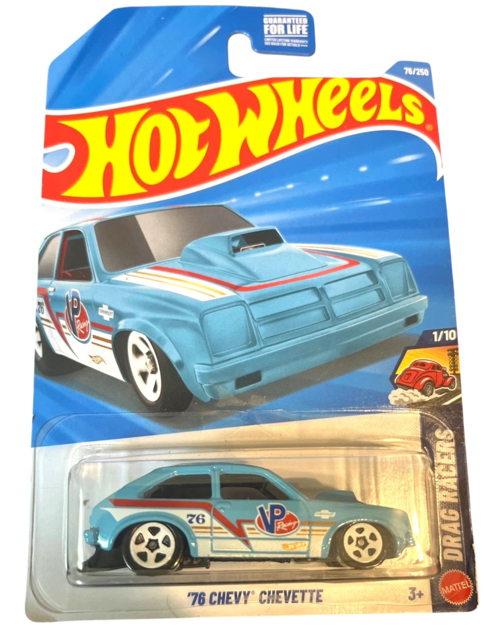 More Than Diecast: Hot Wheels 2025 '76 Chevy Chevette blue die-cast car with white and red racing stripes and VP Racing logo.