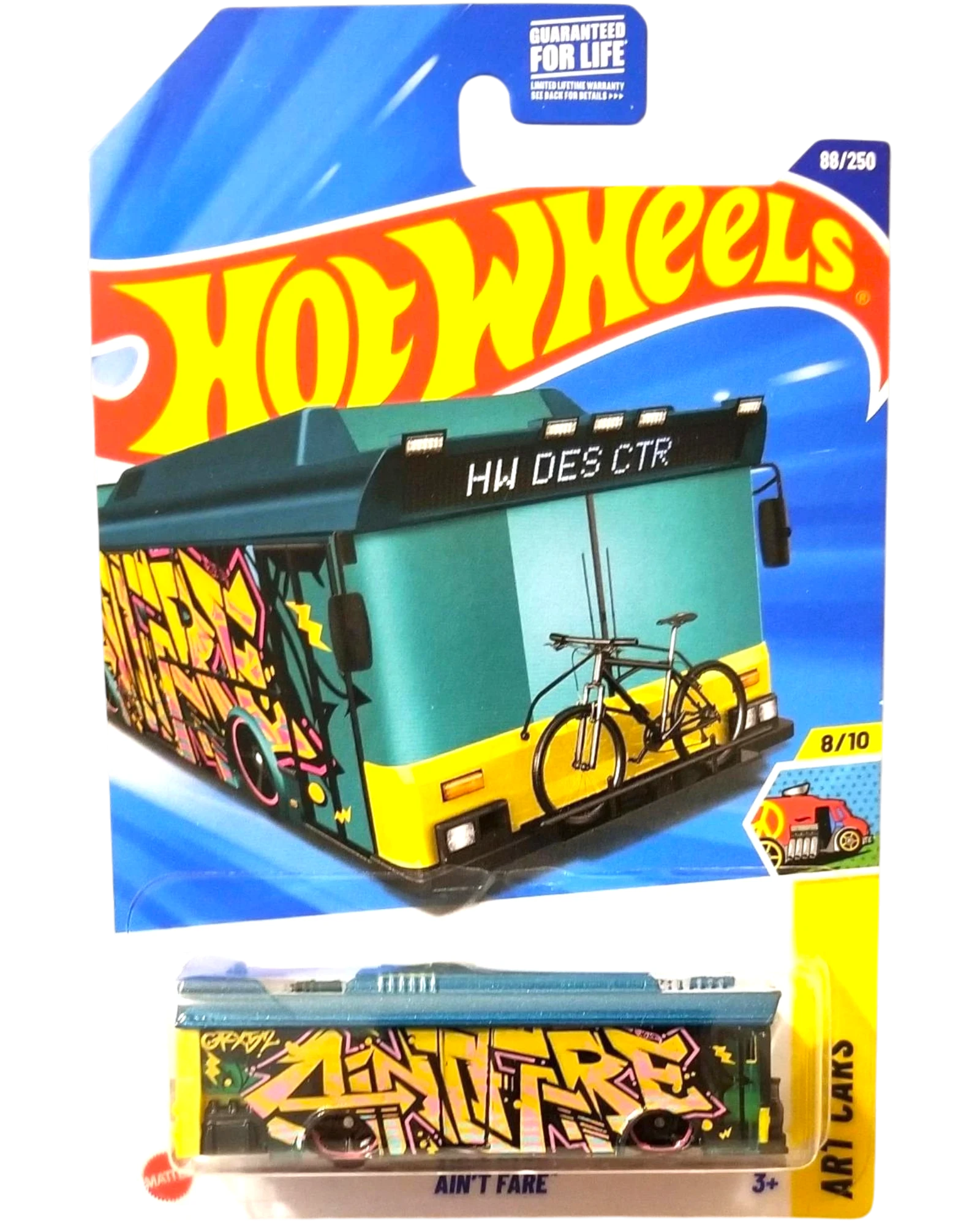 More Than Diecast Hot Wheels 2025 Art Cars Ain't Fare bus toy with graffiti art and a bicycle on top.