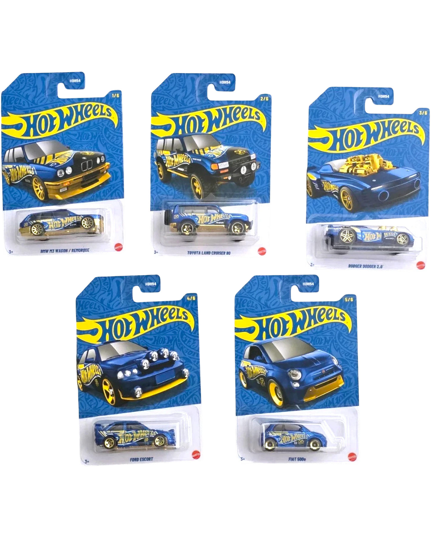More Than Diecast Hot Wheels 58th Anniversary blue and gold 1:64 scale die-cast car set of 5, new in package.