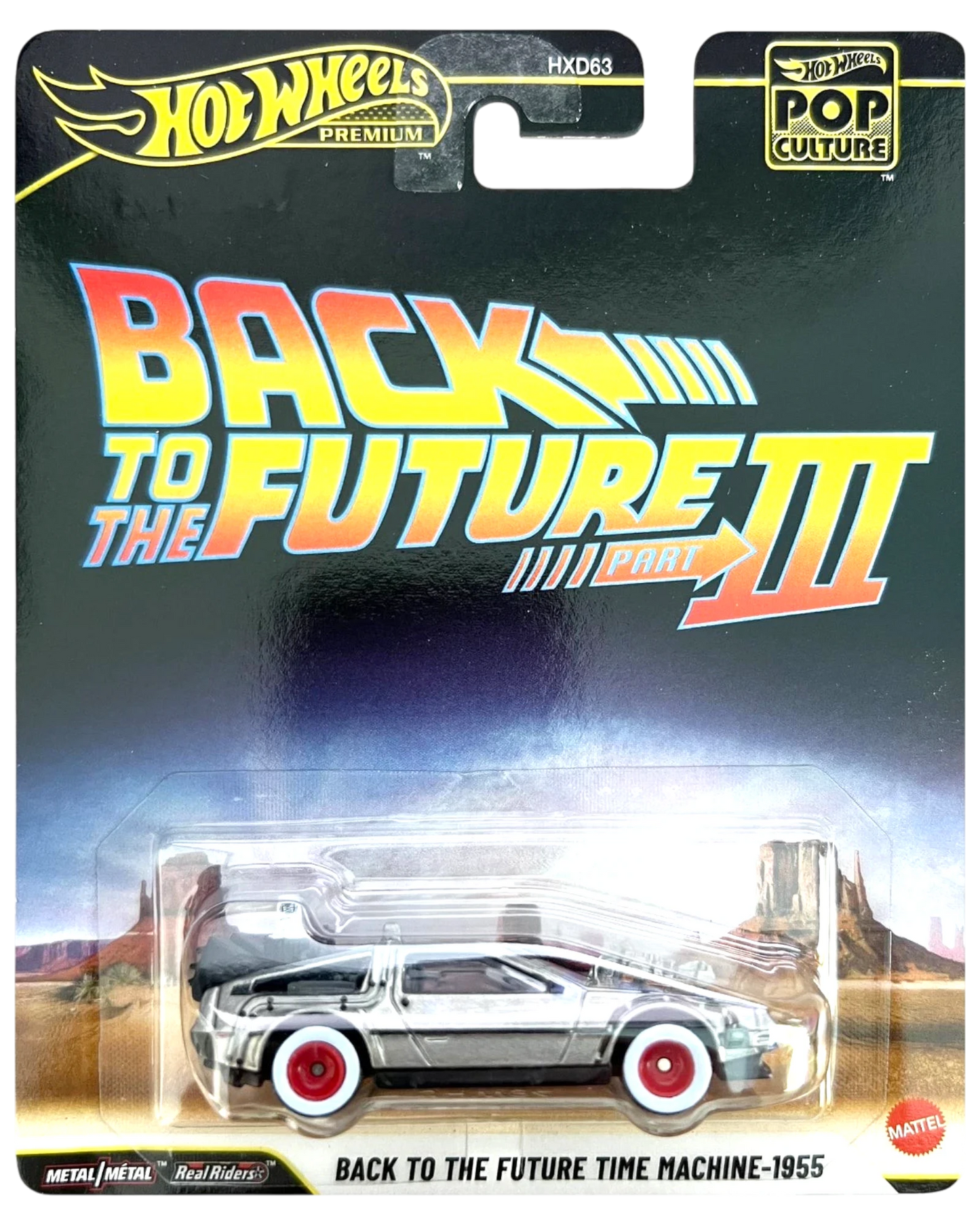 More Than Diecast Hot Wheels Premium Back to the Future III DeLorean time machine, silver metal die-cast with red wheels, in packaging.