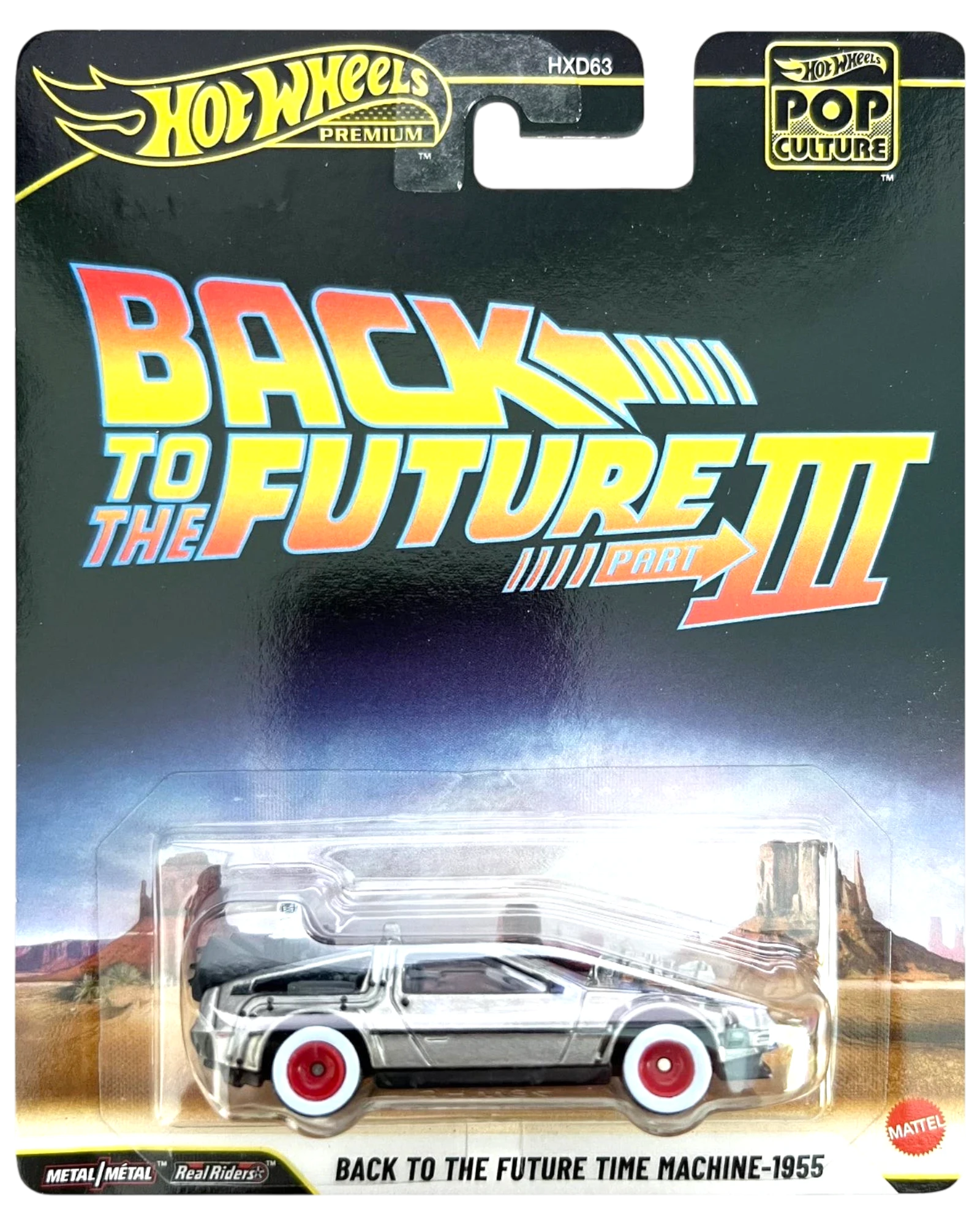 More Than Diecast Hot Wheels Premium Back to the Future III DeLorean time machine, silver metal die-cast with red wheels, in packaging.