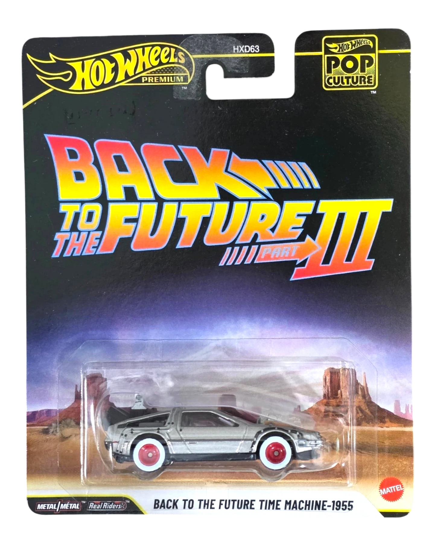 More Than Diecast Hot Wheels Premium Pop Culture Back to the Future III Time Machine 1955 die-cast car with silver body and red wheels.