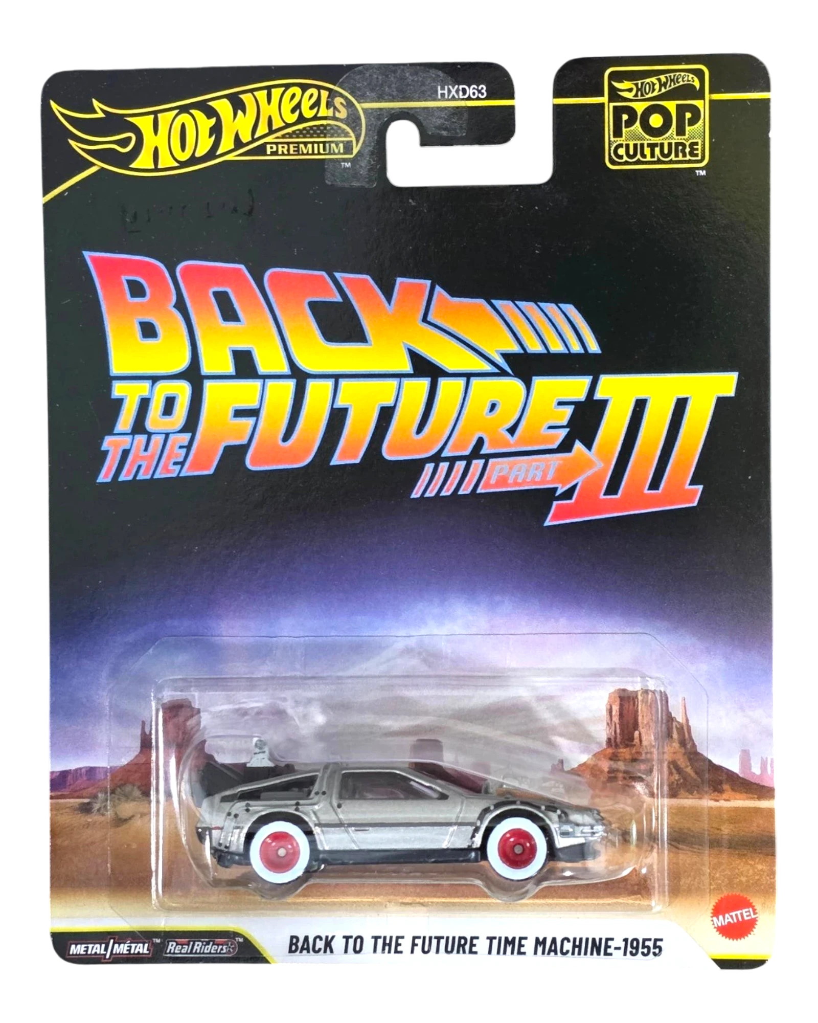 More Than Diecast Hot Wheels Premium Pop Culture Back to the Future III Time Machine 1955 die-cast car with silver body and red wheels.