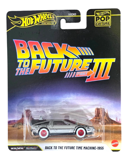 More Than Diecast Hot Wheels Premium Pop Culture Back to the Future III Time Machine 1955 die-cast car with silver body and red wheels.