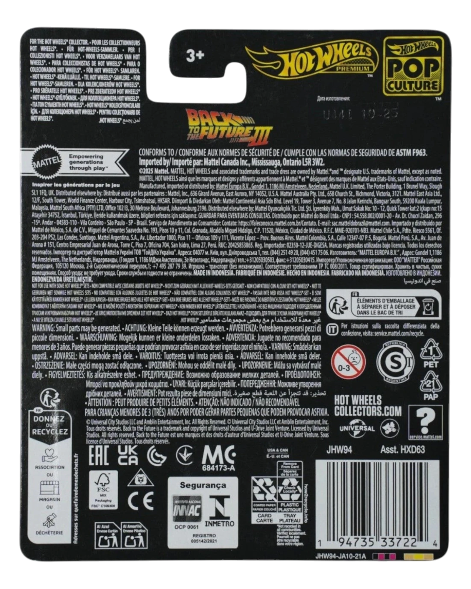 More Than Diecast Back to the Future Time Machine 1955 Hot Wheels Premium collectors packaging. Text details manufacturing and safety information.