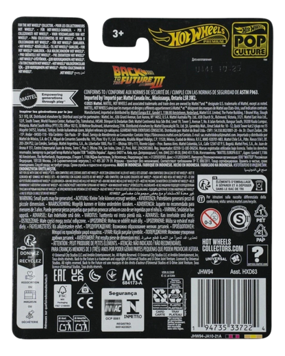 More Than Diecast Back to the Future Time Machine 1955 Hot Wheels Premium collectors packaging. Text details manufacturing and safety information.