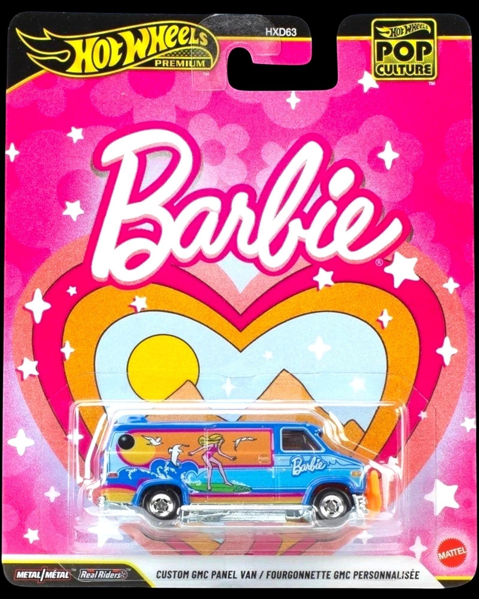 More Than Diecast Hot Wheels Pop Culture Barbie Surf 70s GMC Van, 1:64 scale die-cast with Real Rider wheels and vibrant graphics.