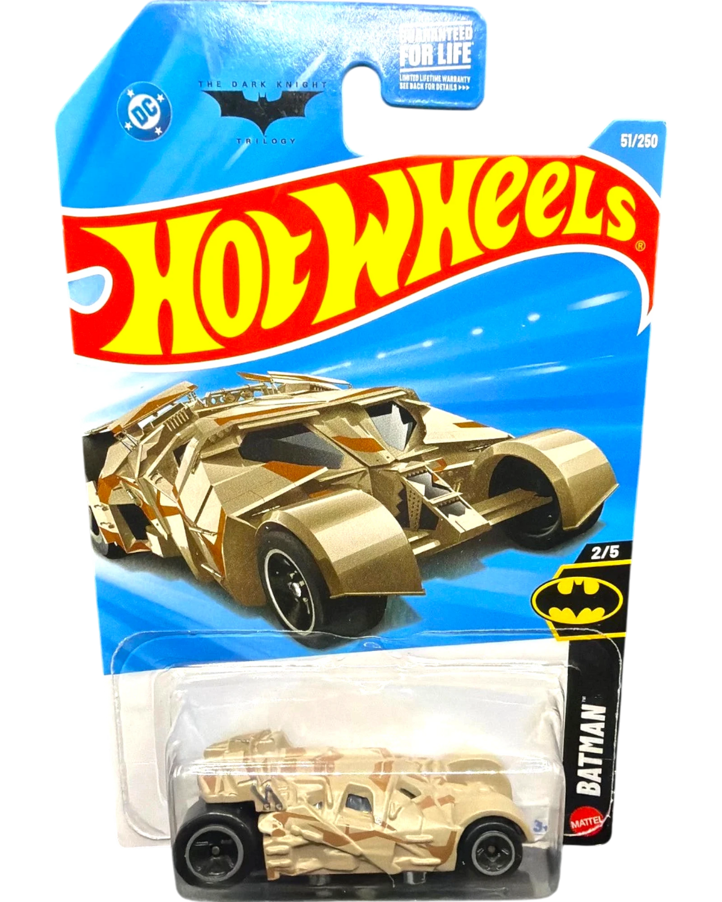 More Than Diecast Hot Wheels The Dark Knight Batmobile Tumbler, gold and tan camouflage, die-cast alloy body, collector item.