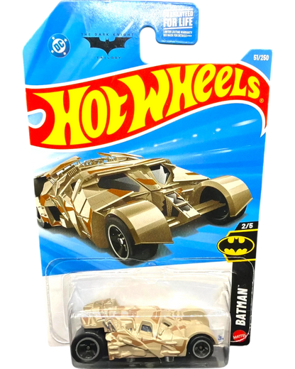 More Than Diecast Hot Wheels The Dark Knight Batmobile Tumbler, gold and tan camouflage, die-cast alloy body, collector item.