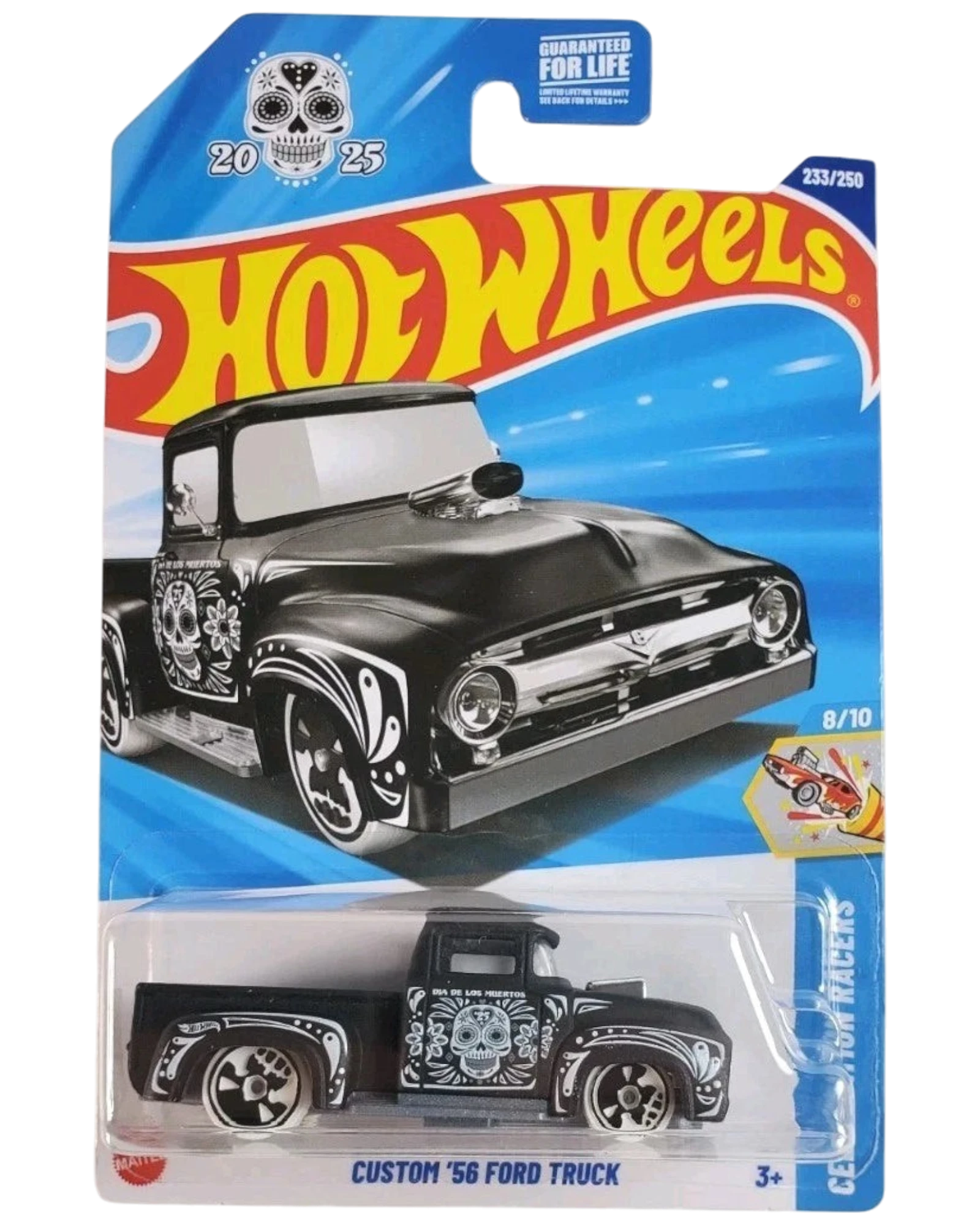 More Than Diecast Hot Wheels Custom '56 Ford Truck, black diecast with white sugar skull graphics, 1:64 scale.