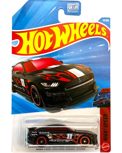 More Than Diecast Hot Wheels 2020 Ford Mustang Shelby GT500 toy car, black with red flame graphics and white racing stripes.
