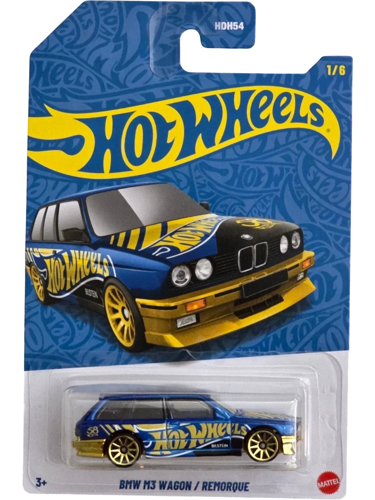 More Than Diecast Hot Wheels 58th Anniversary blue and gold BMW M3 wagon 1:64 scale die-cast car in packaging.