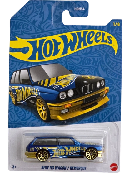More Than Diecast Hot Wheels 58th Anniversary blue and gold BMW M3 wagon 1:64 scale die-cast car in packaging.