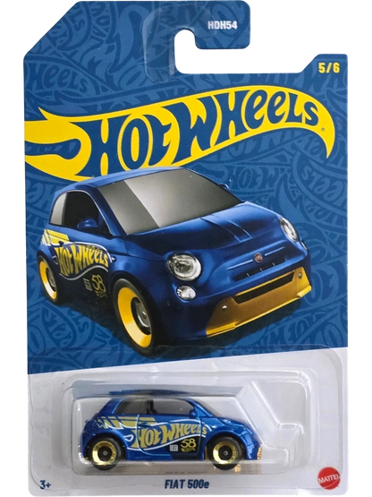 More Than Diecast Hot Wheels 58th Anniversary blue and gold Fiat 500e die-cast car, 1:64 scale, new in package.
