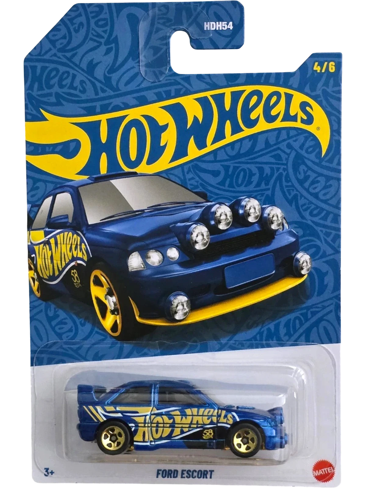 More Than Diecast 58th Anniversary Hot Wheels Ford Escort die-cast car, 1:64 scale, blue with gold accents and racing graphics.
