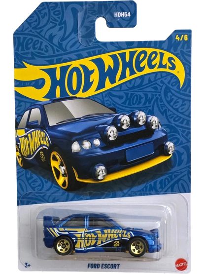 More Than Diecast 58th Anniversary Hot Wheels Ford Escort die-cast car, 1:64 scale, blue with gold accents and racing graphics.