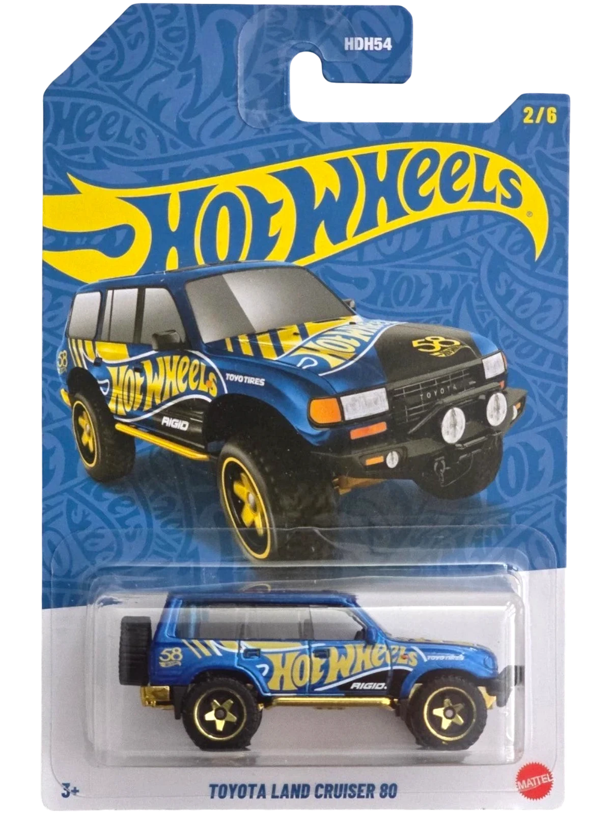 More Than Diecast Hot Wheels 58th Anniversary blue and gold Toyota Land Cruiser 80 die-cast car, 1:64 scale, new in package.