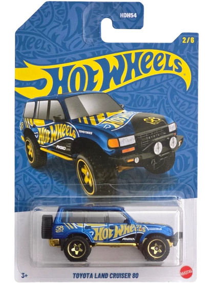 More Than Diecast Hot Wheels 58th Anniversary blue and gold Toyota Land Cruiser 80 die-cast car, 1:64 scale, new in package.